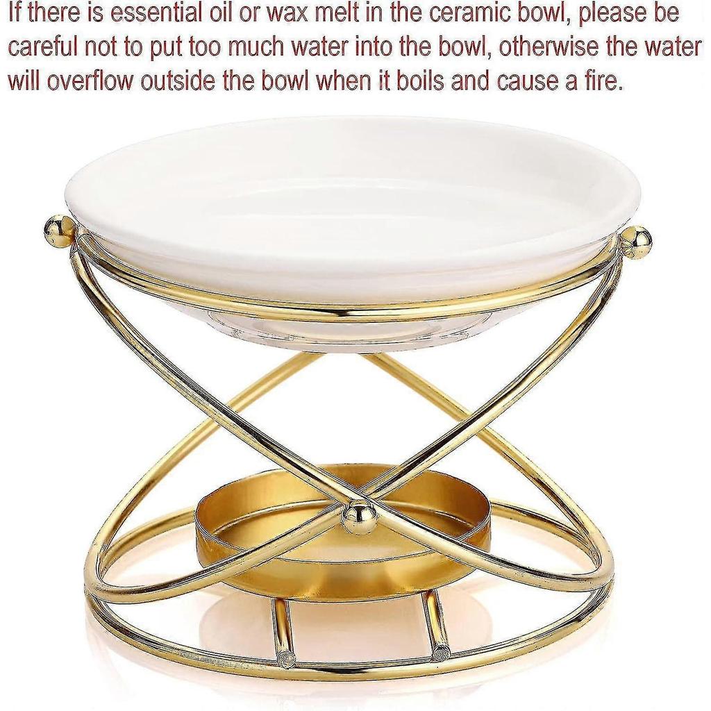 Metal Essential Oil Burner Wax Melt Burner With Ceramic Bowl, Home Decorative Tea Light Candle Holder Aroma Diffuser, Round Shape - PR