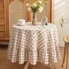 Beige Gingham Plaids Round Tablecloth with Ruffled Edges Cotton Linen Blend Checkered Table Cover for Dining Room, Cafes, and Tea Table Decors