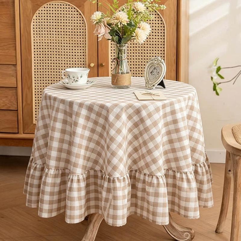 Beige Gingham Plaids Round Tablecloth with Ruffled Edges Cotton Linen Blend Checkered Table Cover for Dining Room, Cafes, and Tea Table Decors