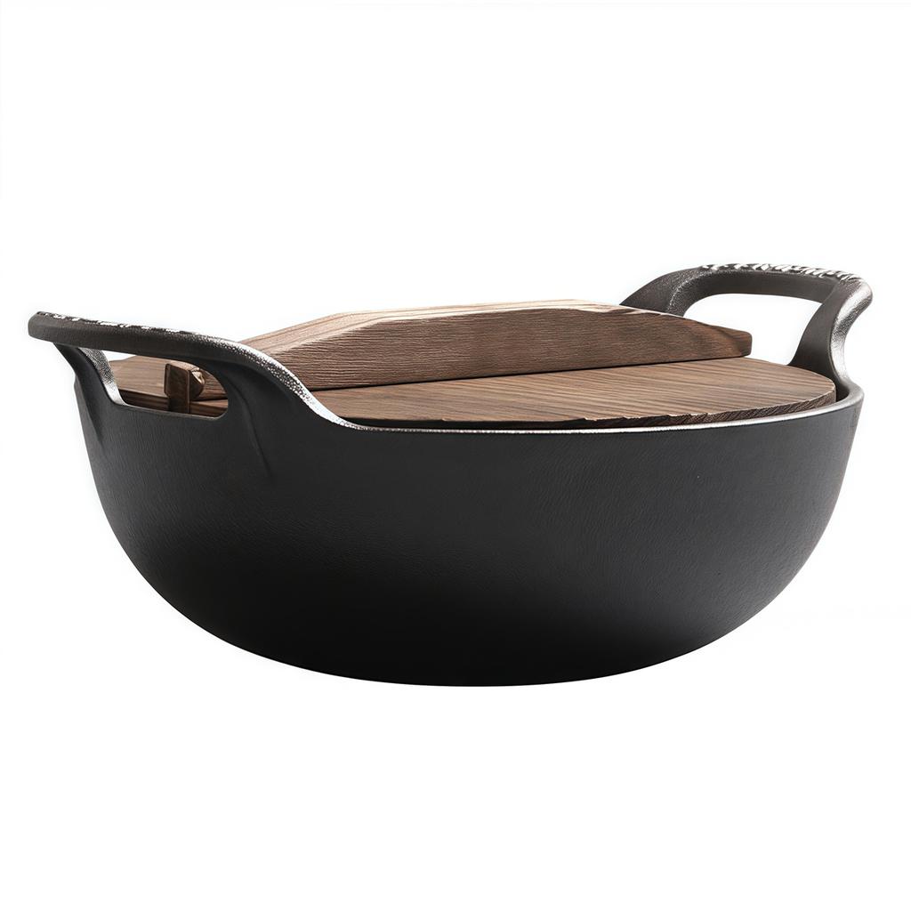 Wok in ghisa per brasatura e cottura a vapore Padella piatta antiaderente Pentola antiaderente
