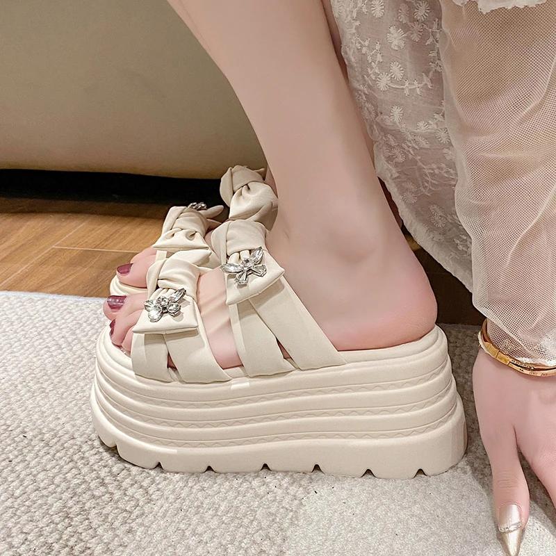 9CM Women's Chunky Slippers Summer High Platform Wedges Shoes Woman Butterfly-Knot Beach Flip Flops Thick Bottom Sandalias Mujer