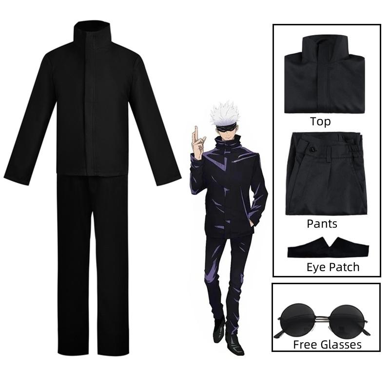 Anime Jujutsu Kaisen Gojo Satoru Cosplay Kostuum Ooglapje Pruiken Bril Pak Halloween Kostuums voor Mannen S black