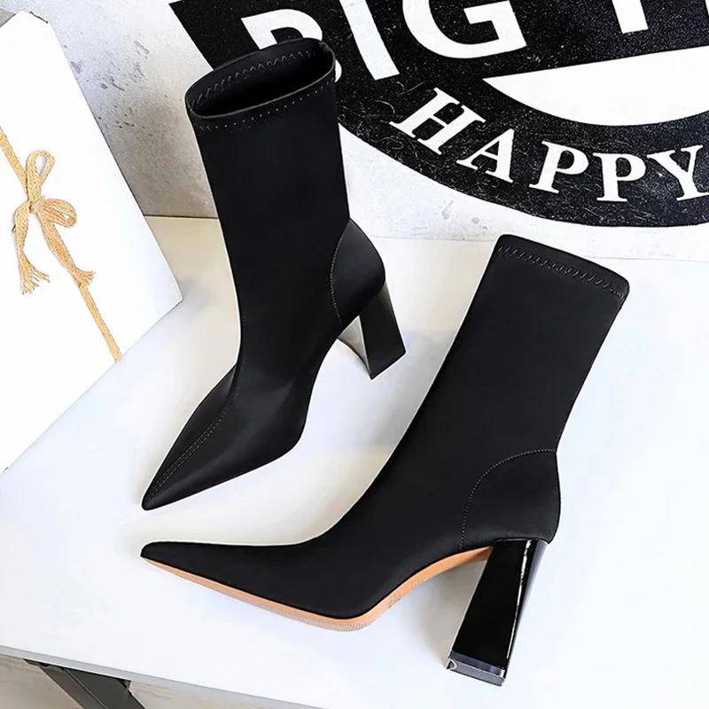 European and American Sexy 2025 Super High Heels Elastic Pointed Thin Boots for Women Short Boots