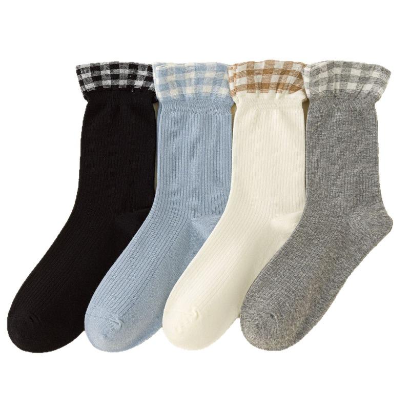 Ladies' Autumn Patchwork Checkered Lace Mid-calf Socks Are Comfortable and Versatile. Cotton Pile Socks