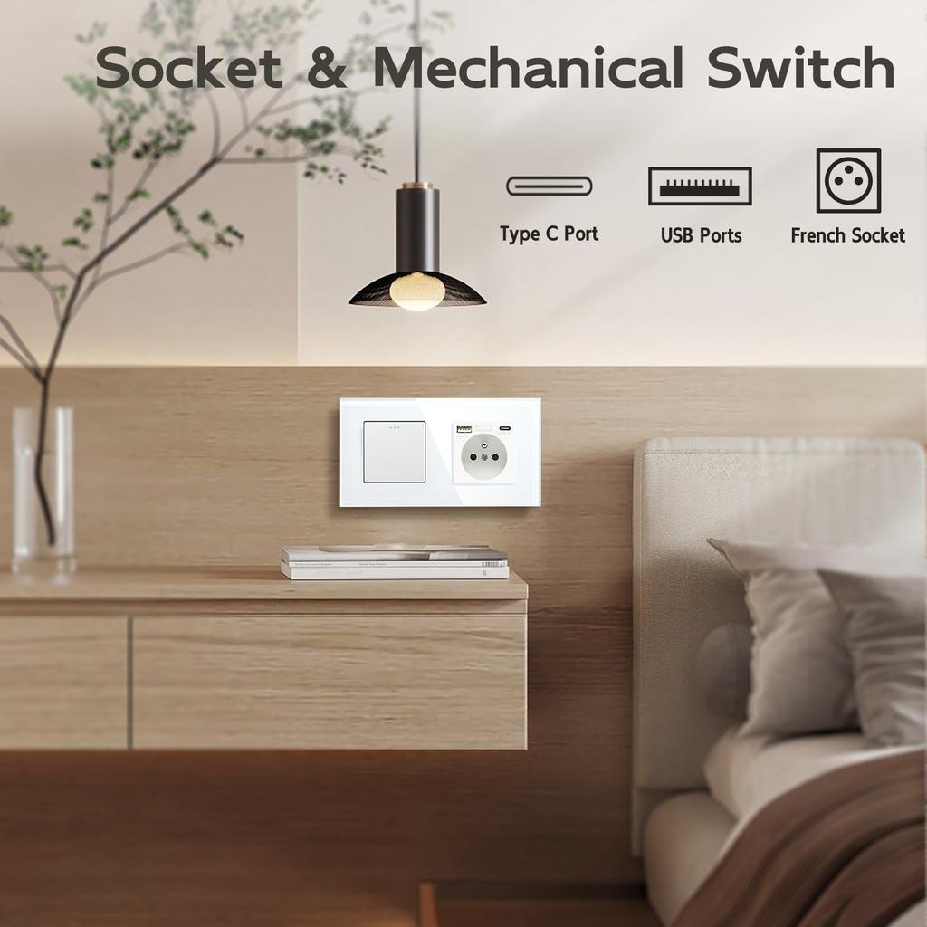 BSEED 1/2/3Gang Mechanical Wall Light Switch 1Way Plus French Socket USB Type-c Ports USB Power Sockets Glass Frame 16A
