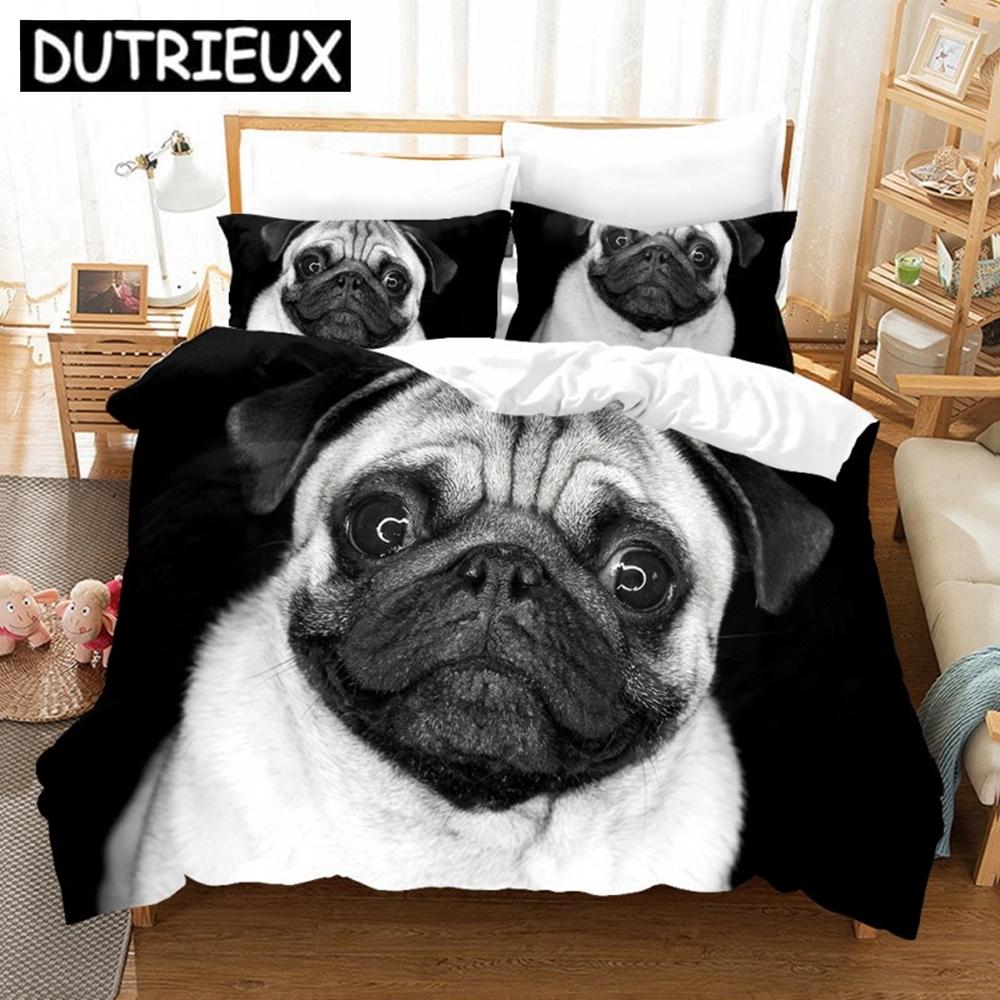 Cute Pugs 3D Duvet Cover King Size Animal Dog Printed Black White Quilt Cover Pillowcase Set Custom Bed Linen Kids Bedding Set