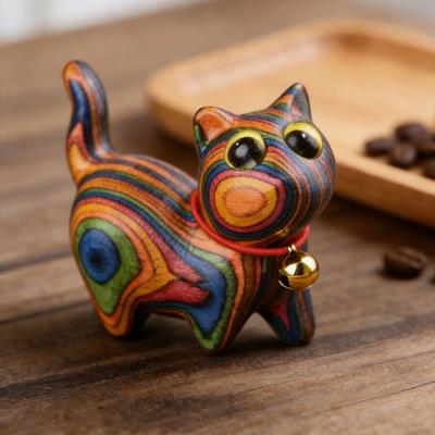 Mini-Holz-Katzenfigur Handgeschnitzte Kätzchen-Statue Skulptur Bauernhaus Rustikal Home-Office Schreibtisch Dekoration Ornament
