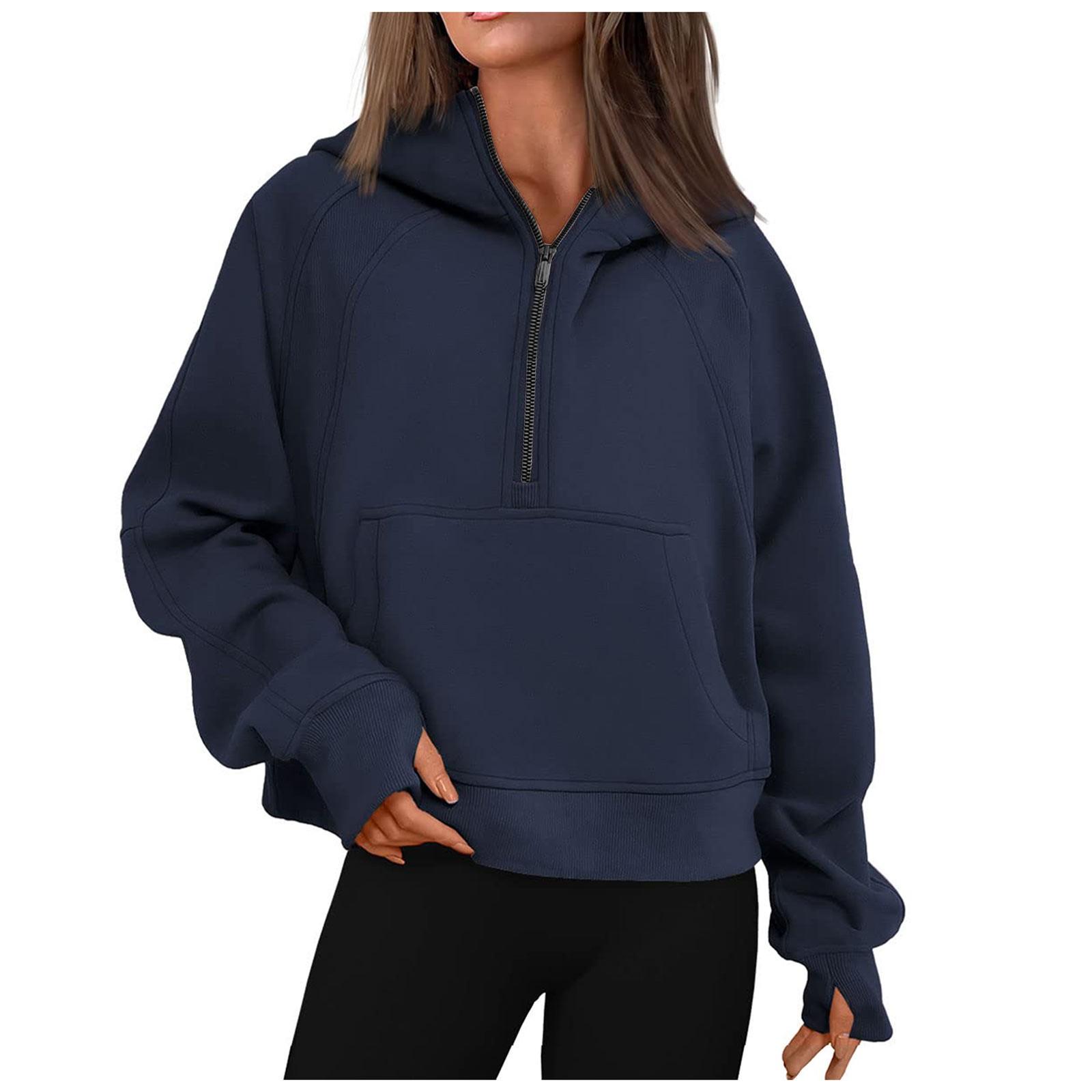 

Женские толстовки, свободные короткие карманы на молнии с отверстием для большого пальца, пуловер с длинными рукавами, толстовки S тёмно-синий