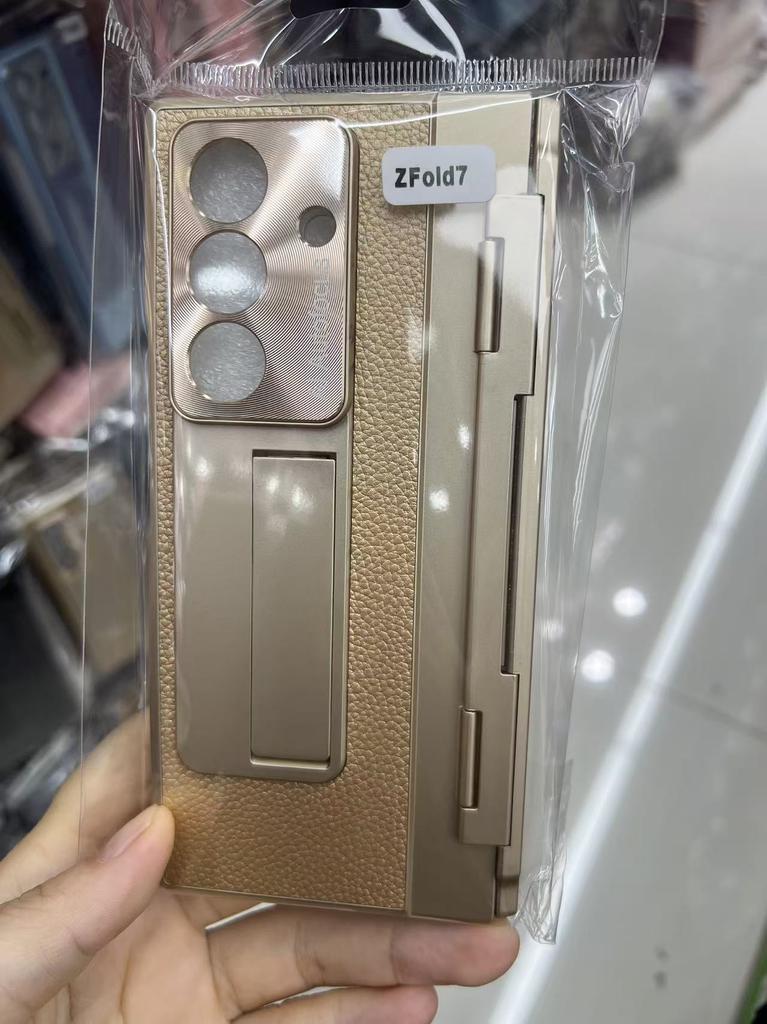 Full Protection Hinge Case for Samsung Galaxy Z Fold8 Ultra / 7 6 5 4 3 Plating PC+Leather Tempered Film Folding Kickstand Cover