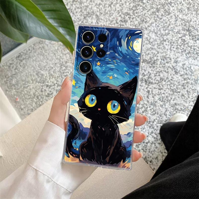 Retro Oil Painting Starry Sky Cat Clear Case For Samsung Galaxy S26 S25 S24 S23 Ultra S20 S21 FE S22 Plus S26 Ultra Phone Cover