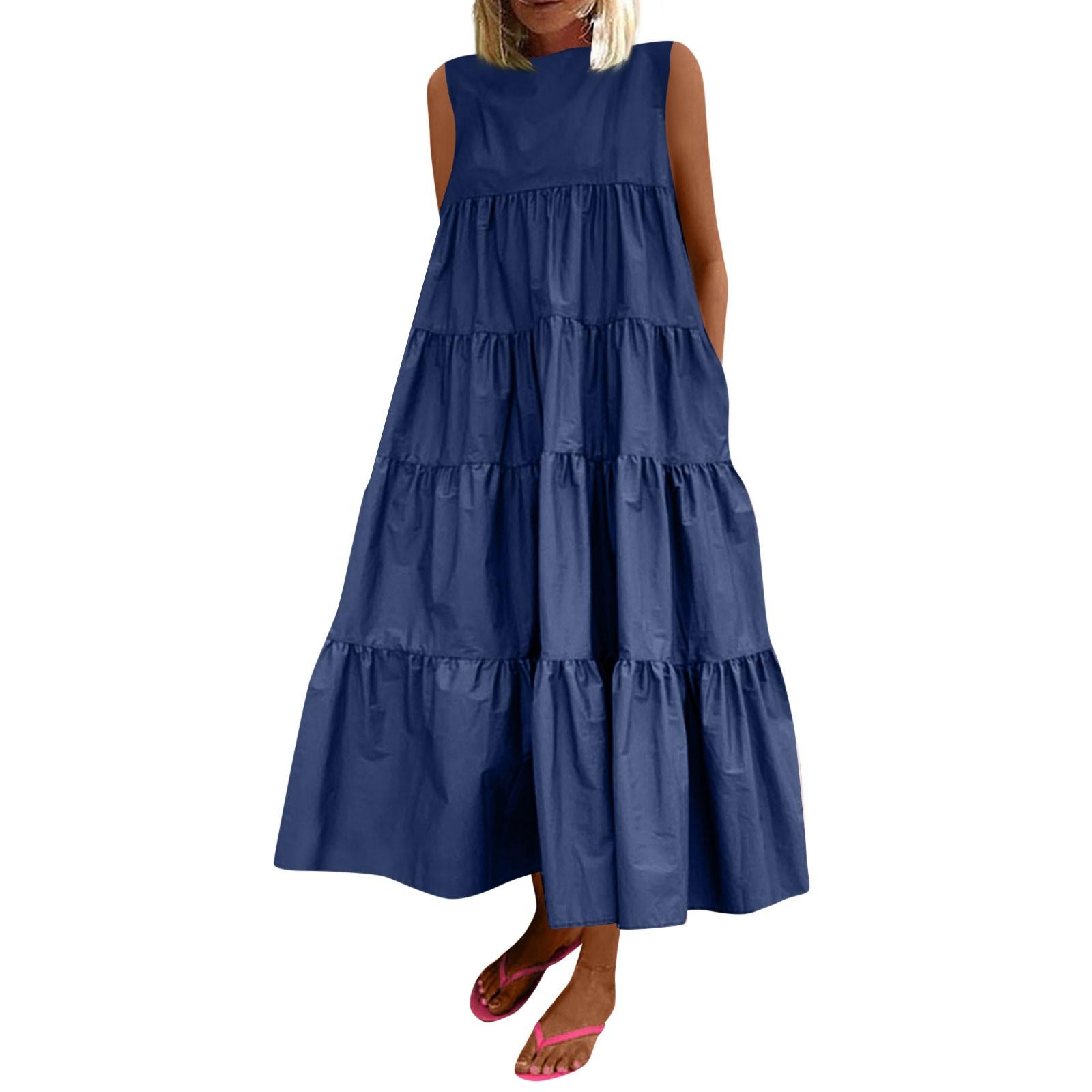 

Женская мода без рукавов сплошной цвет повседневные свободные платья без карманов с круглым вырезом XXXXXL темно-синий