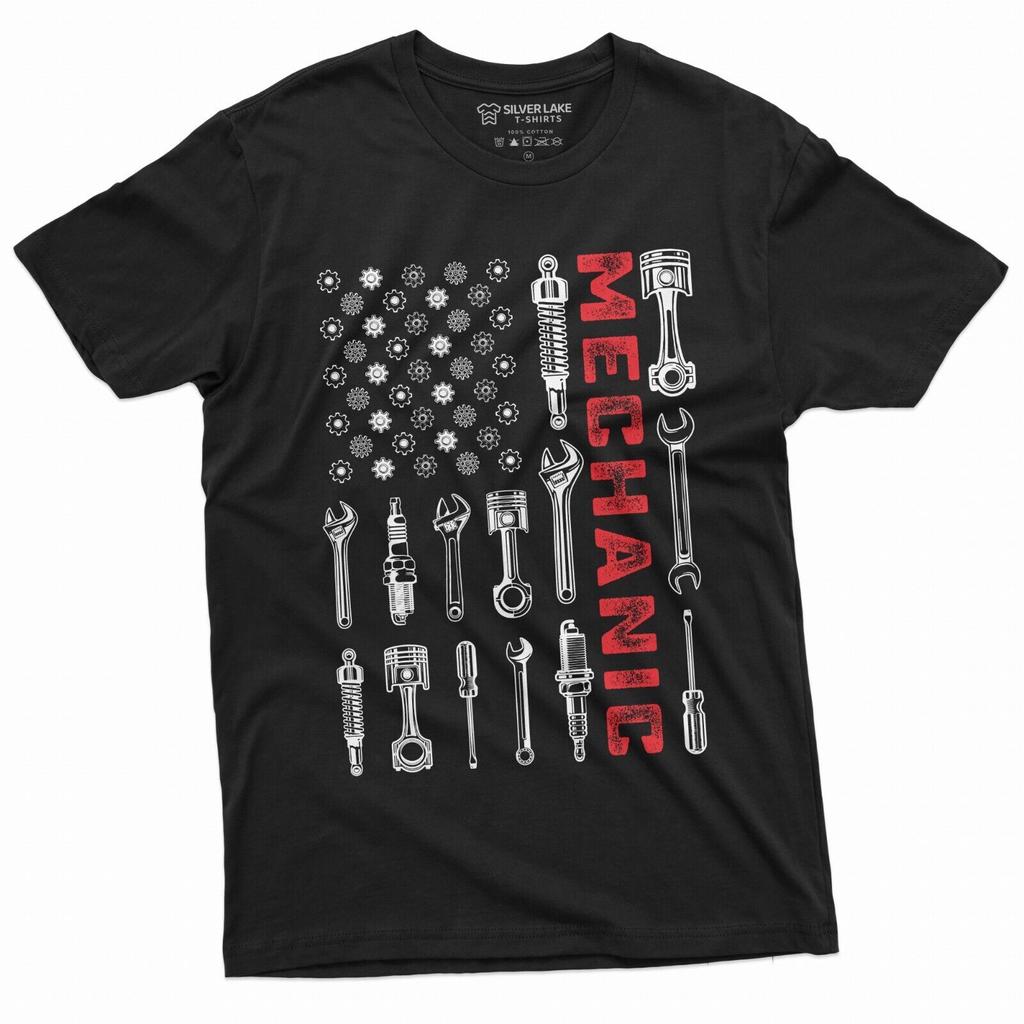 Mechanic USA Flag Garage Tools Bolts American Patriotic Tee