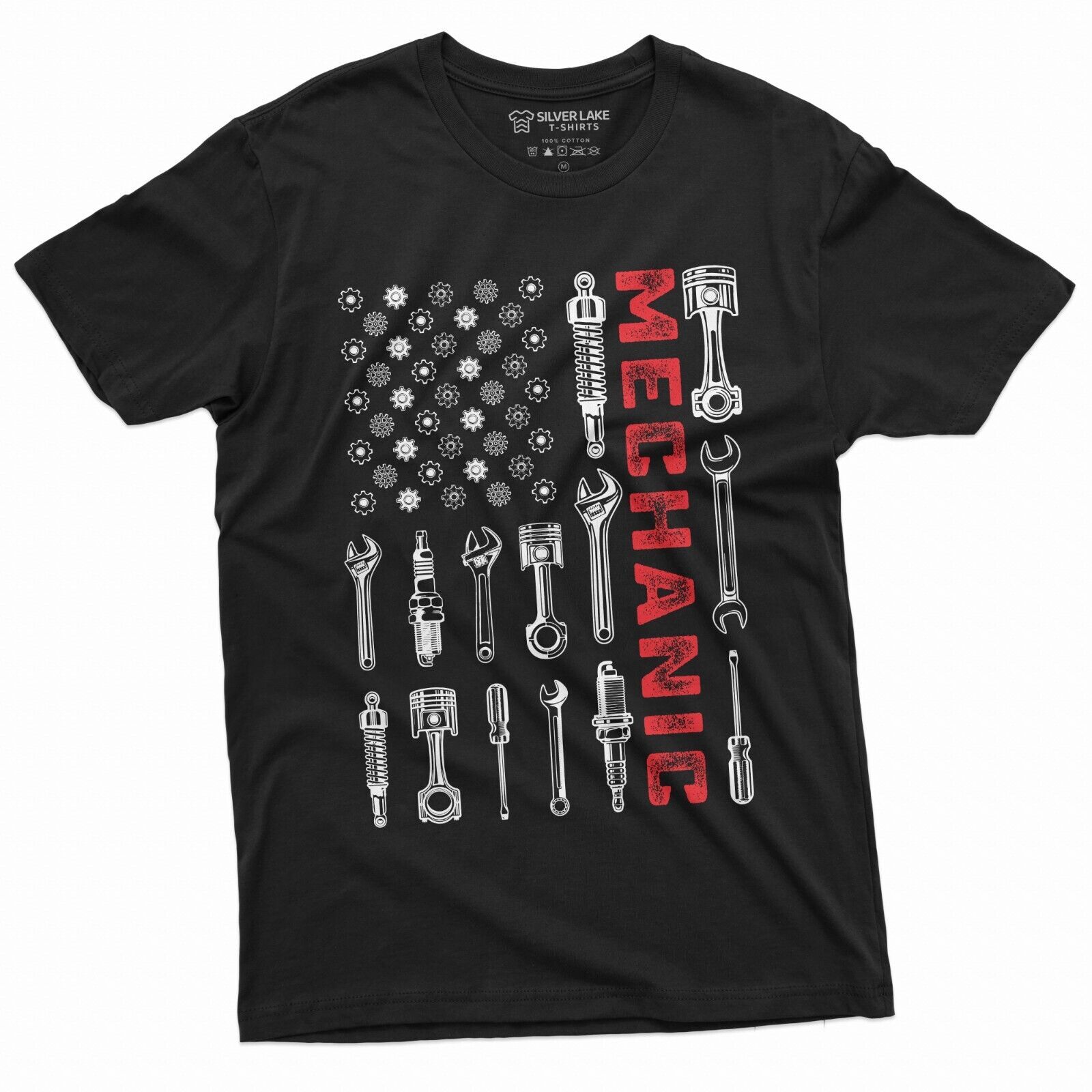 Mechanic USA Flag Garage Tools Bolts American Patriotic Tee M