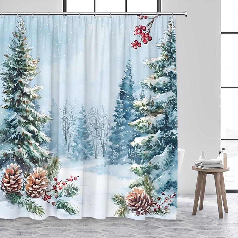 Winter Forest Landscape Shower Curtains Cedar Red Berries Watercolour Art Snow Scenery Fabric Bathroom Curtain Decor With Hooks