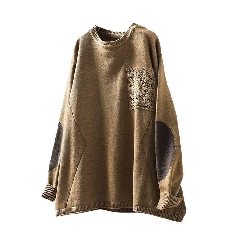 Johnature Nischen-Spitzen-Patches O-Ausschnitt Lockerer Freizeitpullover Damen Wintermode Chinesischer Stil Langarmpullover