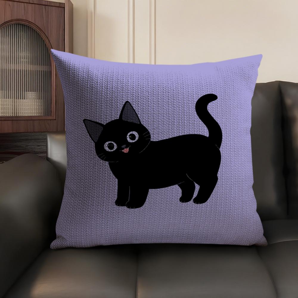 Little Black Cat Cushion Cover Summer Breathable Linen Organic Fabric Double-Sided Printing Sofa Pillow Case Home Decor