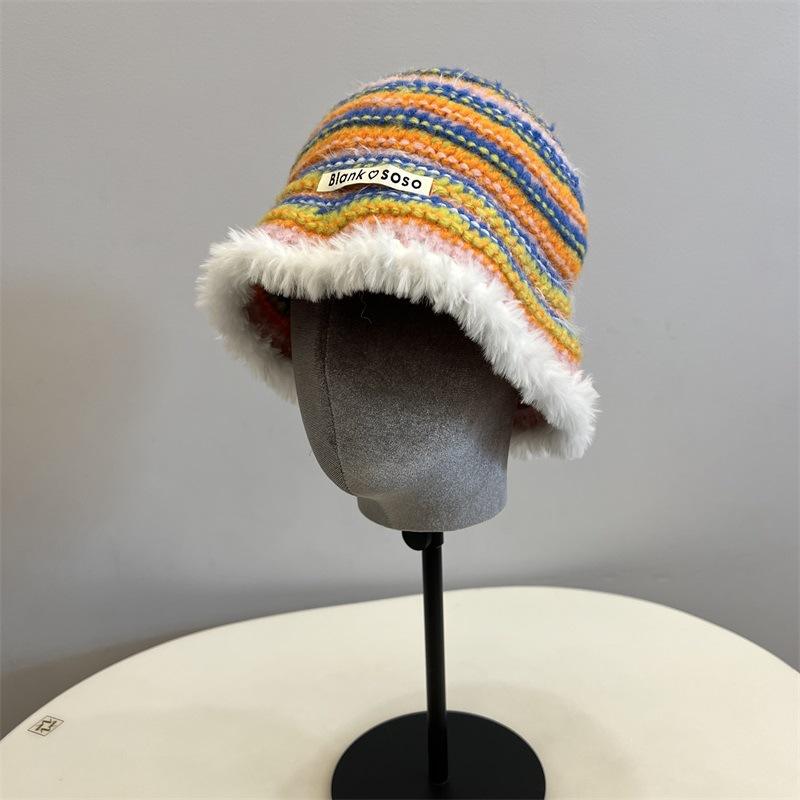 College Style Colored Stripes Contrasting Colors Knitted Bucket Hat Women Autumn and Winter Warm Ear Protection Plush Edge Basin Hat