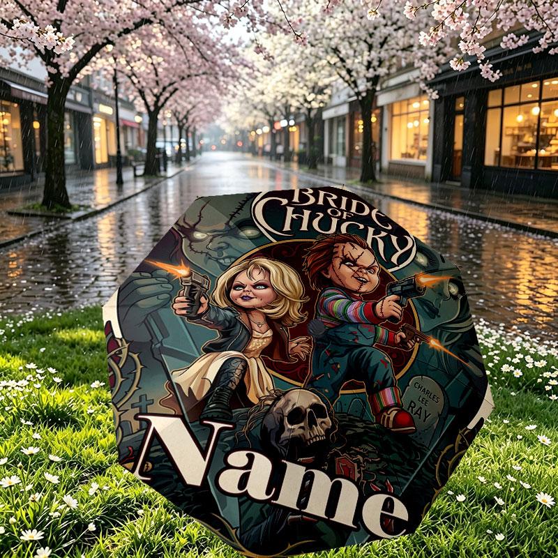 Custom Name Personalized Horror Theme Chucky Print Umbrella, Auto Open Close, 8‑Rib Sturdy Frame, Commute Camping Hiking Use, Birthday Gift