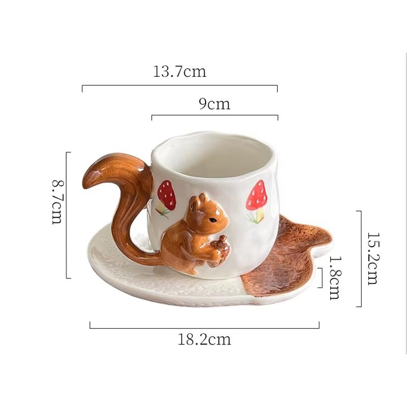 Creative 3D Squirrel Coffee Cup with Tail Handle & Acorn Saucer Set Cute Ceramic Animal Mug Novelty Gift