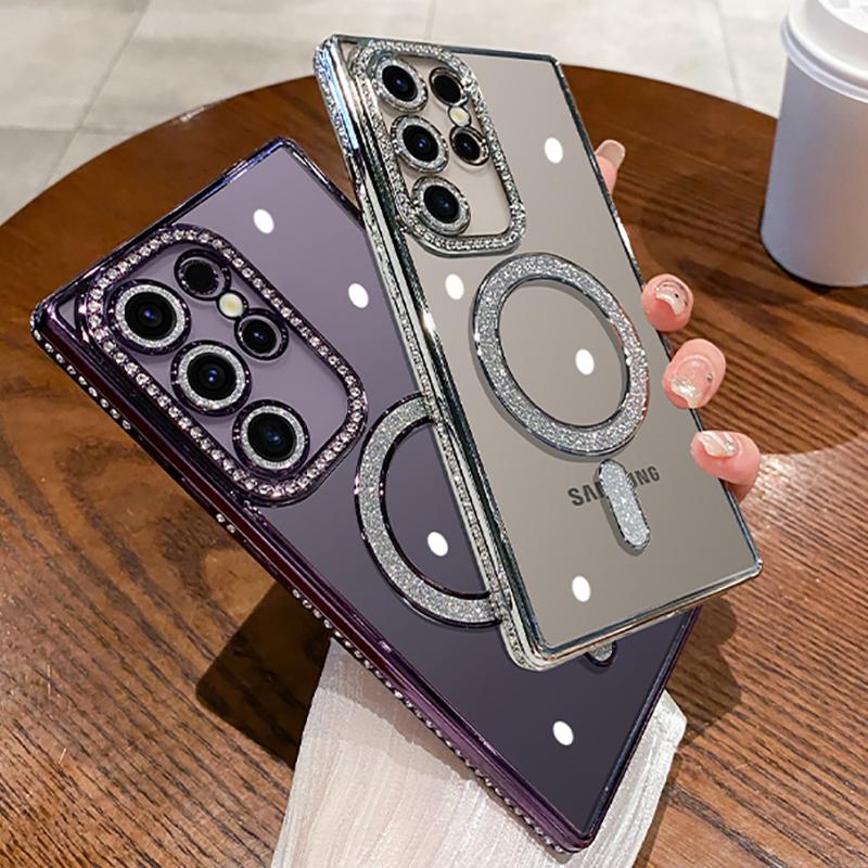 Fashion Bling Glitter Diamond Clear Case For Samsung Galaxy S24 Plus S23 S22 Ultra For Magsafe Wireless Charge Silicone Cover