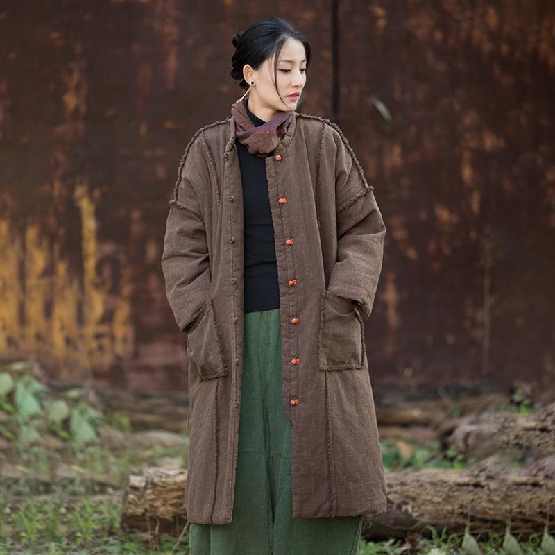 Johnature Women Vintage Winter Stand Long Sleeve Warm Button Chinese Style Coats Pockets Coats