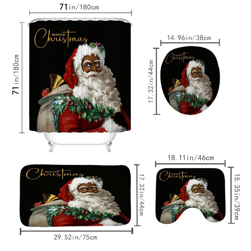 Santa Claus Shower Curtain Set with Non-Slip Rugs Polyester Waterproof Christmas Decorations Bathroom Accessories with 12 Hooks