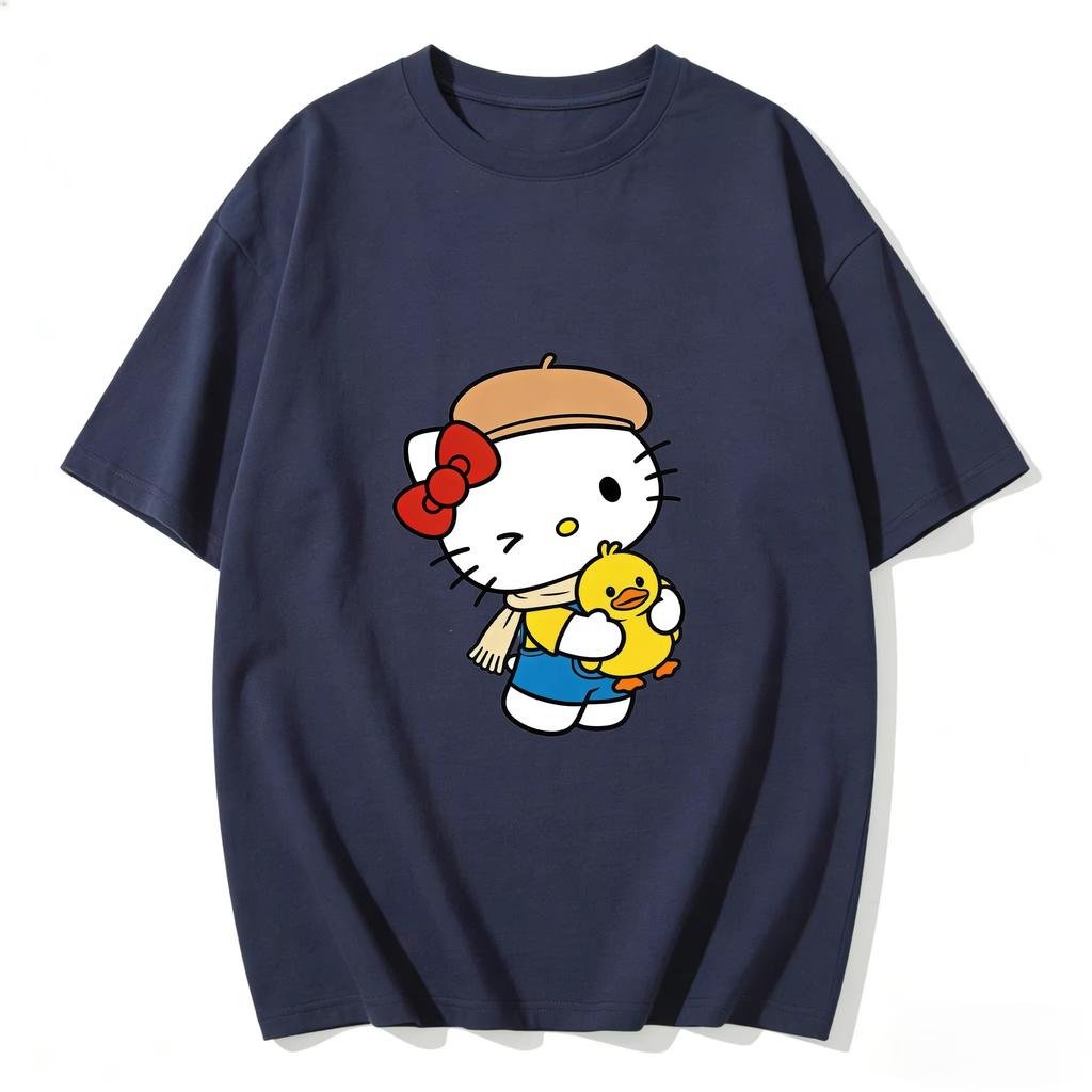 2026 New Summer HelloKitty Cute Graphic Tee Casual Short Sleeve Cotton Top for Women Girls Kawaii Cartoon Print Streetwear