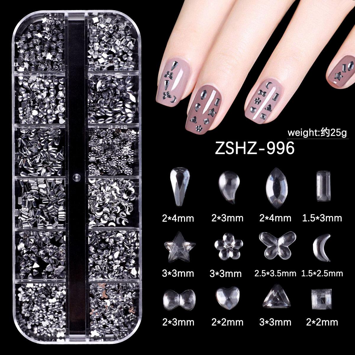

Nail Art Jewelry 12 Grid Silver Mini Special-Shaped Diamond Acrylic Star Love Water Drop Bow Mixed Flat Bottom Diamond