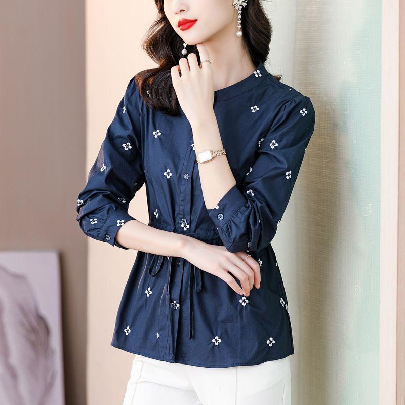 

Stylish Floral Print Shirt Women Cotton Thin Drawstring Waist Casual Blouse Fall Fashion Tops M синий