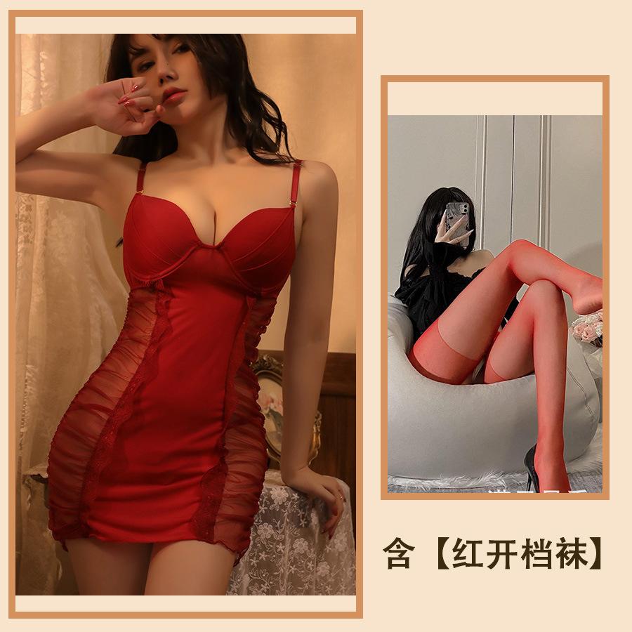 Sex Underwear New Sexy Pleated Mesh Perspective Temptation Hot Suspender Nightdress Hollow Passion Suit