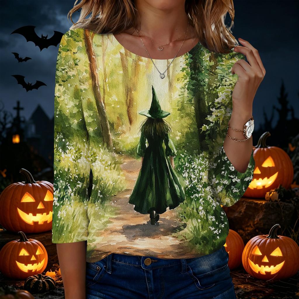 Women's Casual Halloween Print Neck 3/4 Sleeve T-Shirt Top