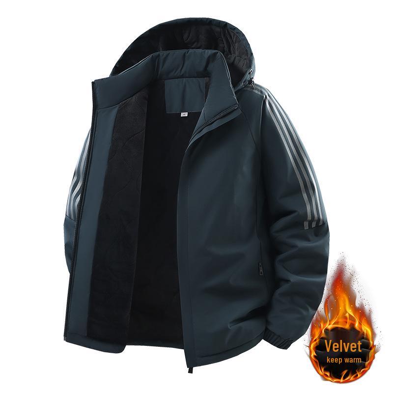 Men's Hooded Cotton Jacket - Windproof, Thickened, Three Stripes, Plus Velvet, Large Size Outerwear for 2025 Autumn/Winter.