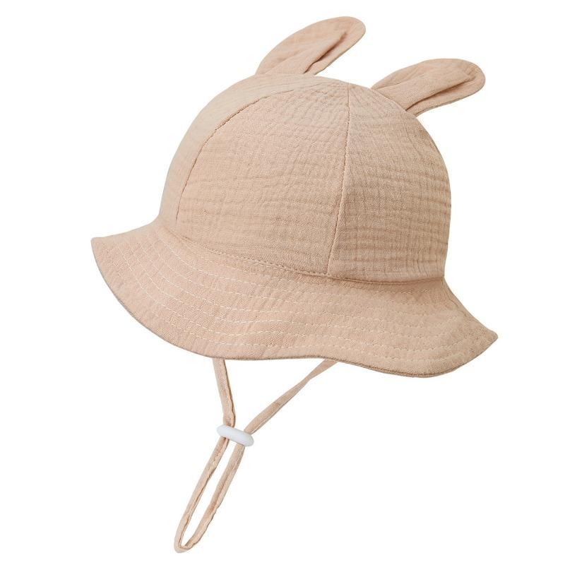 New Baby Gauze Basin Hat Baby Pleated Printed Bucket Hat Rabbit Ear Sun Hat 3-12M