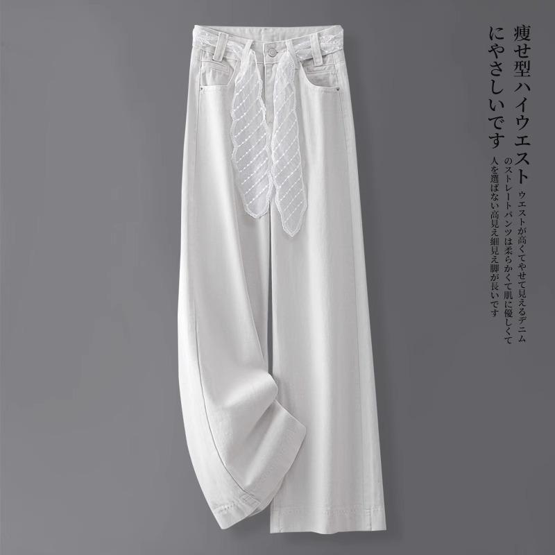 

Джинсы с высокой посадкой в корейском стиле, с кружевным поясом, широкие штанины для женщин - Облегающие, Светло-голубые, Мода 2025 S (80-100 lbs) белый