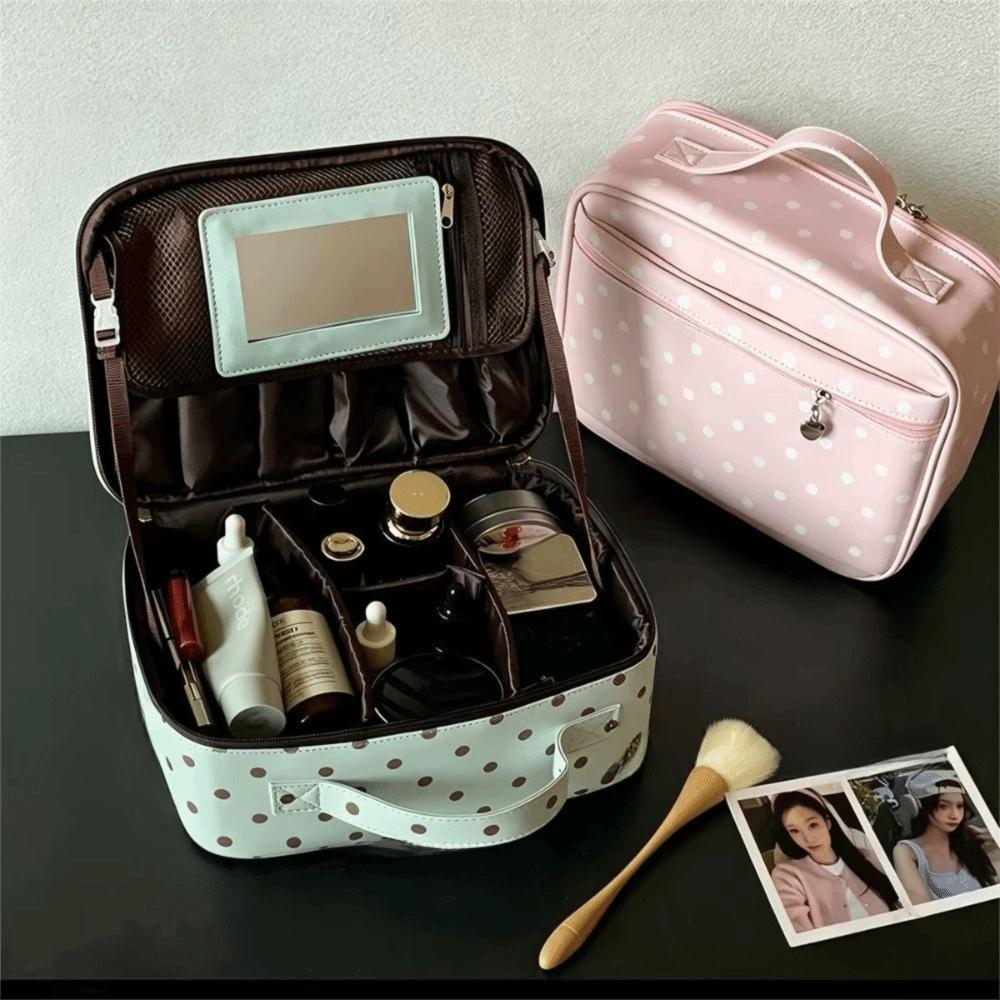 Polka Dot Portable Toiletry Pouch PU Leather Cosmetics Handbag Hanging Suitcase Organizer Women