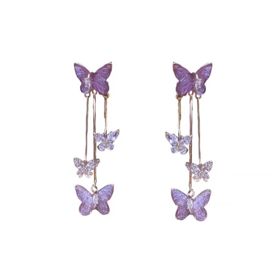 Purple Crystal Butterfly Earrings with S925 Silver Needle - Elegant Long Tassel Design