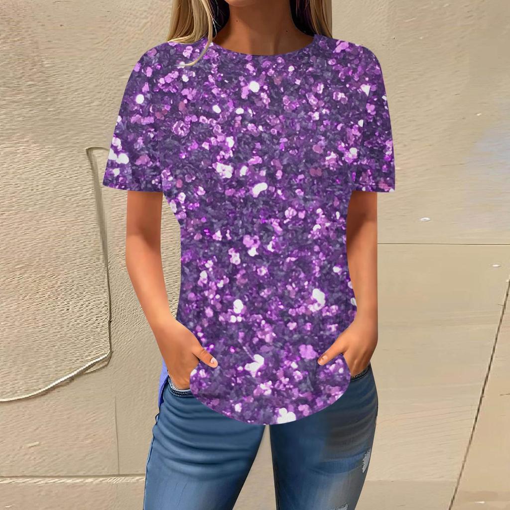 Summer Round Neck 3D Gradient Glitter Print Top Fashionable Casual Short Sleeved Women's T-shirts