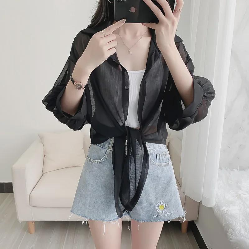 Chiffon Transparent Tulle Sunscreen Shirt - Women's Summer Shawl Tie-Up Short Casual Top