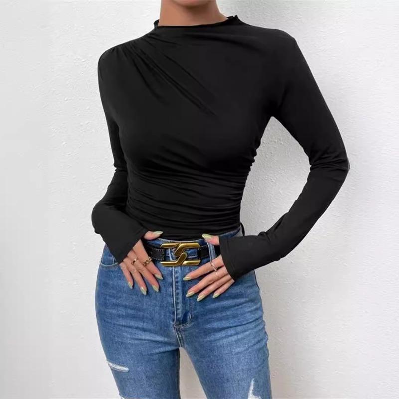 Maglia a tinta unita slim-fit con design plissettato versatile, a maniche lunghe, top da donna