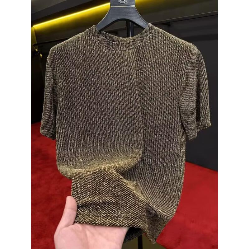 

Новая мужская летняя футболка с коротким рукавом, однотонная, текстурированная, в американском стиле, свободного кроя, с рукавом три четверти 3XL золотой