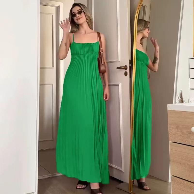 

Fashion Wind Sexy Sling Backless Slim Fit Pleated Dress Strap Top Sexy Pleated Dress Green M