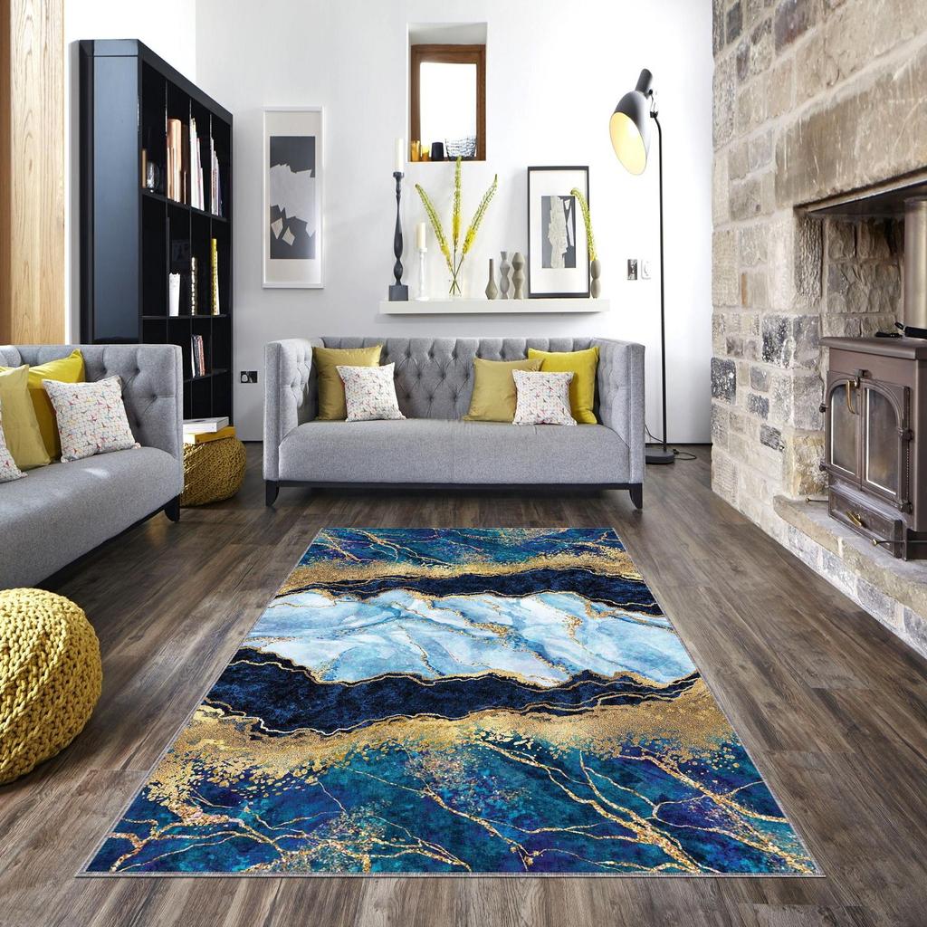 Teppich mit blauem Marmordruck – waschbarer Teppich, moderner Teppich für Wohnzimmer oder Schlafzimmer