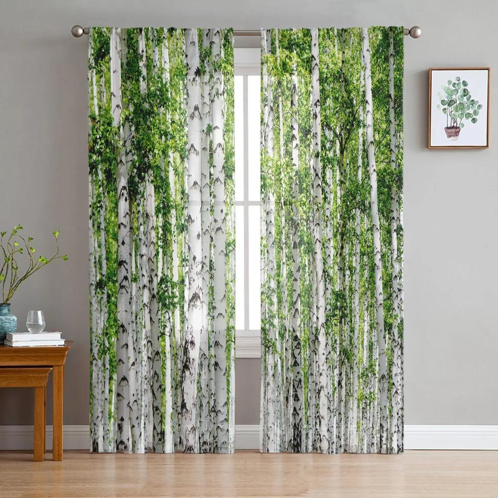 2pcs Plant Green Forest Greenery Vine Pattern Chiffon Sheer Curtains Window Drapes For Bedroom Living Room Home Decoration