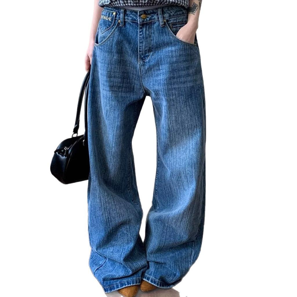 American retro Paris buckle bamboo pattern jeans boys new ins washed loose straight scimitar pants
