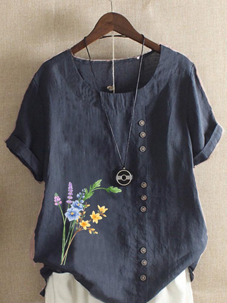 Women's Fashion Floral Print Casual Cotton Linen Short Sleeve Round Neck T-shirt Shirt Leisure Loose Summer Blouse Tops