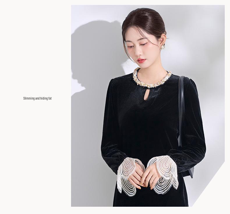 2026 Stylish Long-Sleeve Dress with Slimming Mid-Length Skirt and Chic Print for Moms