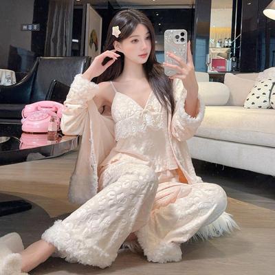 Velvet Leopard Print Women's Pajama Set - Three-Piece Fleece, Warm & Stylish for Autumn/Winter 2025