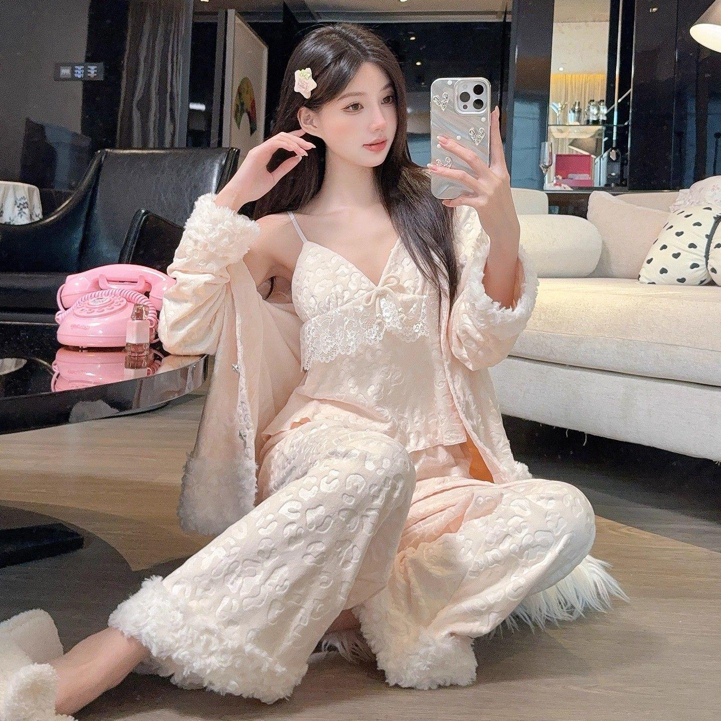 

Velvet Leopard Print Women s Pajama Set - Three-Piece Fleece, Warm & Stylish for Autumn/Winter 2025 Extra Large