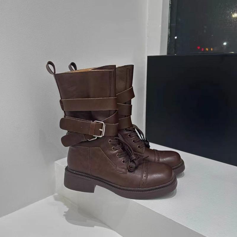 Cowhide thick-soled thick-heeled retro leather Martin boots women's new medium tube thin boots belt buckle locomotive boots