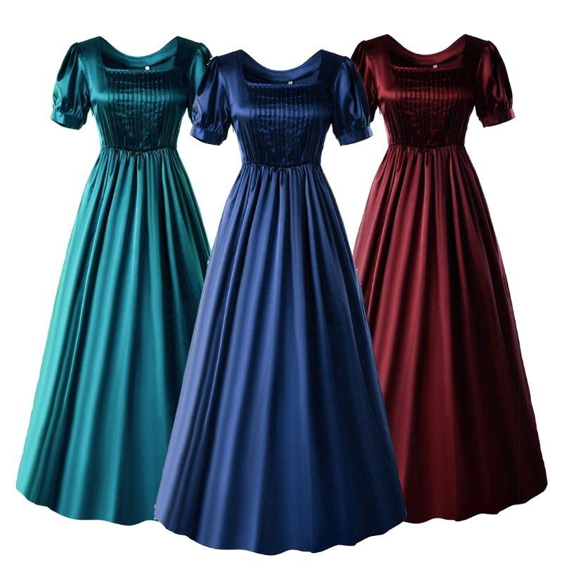 Medieval Satin Dress High Waist Victorian Tea Gown Halloween Cosplay Ball Gown Elegant Historical Theatrical Look